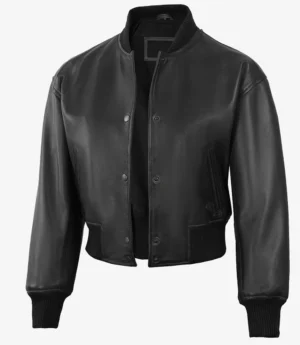 Womens Drop Shoulder Black Bomber Leather Jacket - Cropped Style