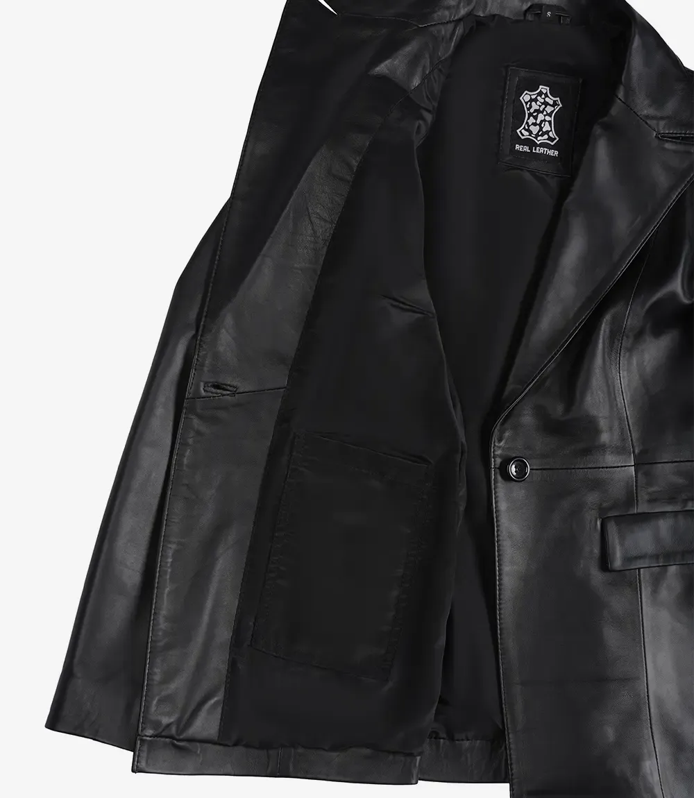 Womens Single Button Black Leather Blazer - Peak Lapel Womens Single Button Black Leather Blazer - Peak Lapel