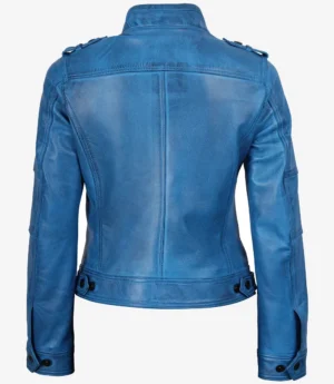 Women's Blue Waxed Lambskin Leather Biker Style Jacket