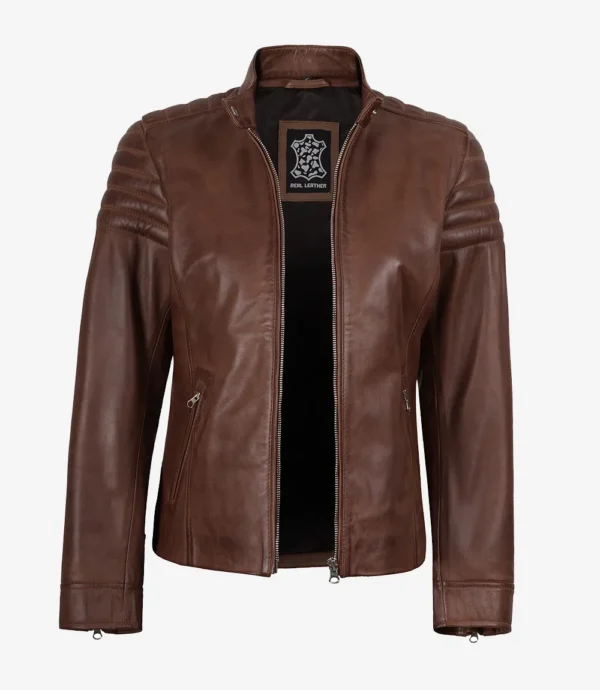 Women's Cognac Biker Style Leather Jacket