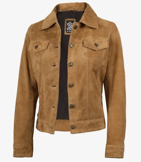 Women's Light Brown Suede Trucker Jacket