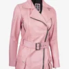 Womens Pink Belted Asymmetrical Long Biker Style Leather Jacket