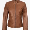 Womens Real Lambskin Leather Tan Biker Style Jacket
