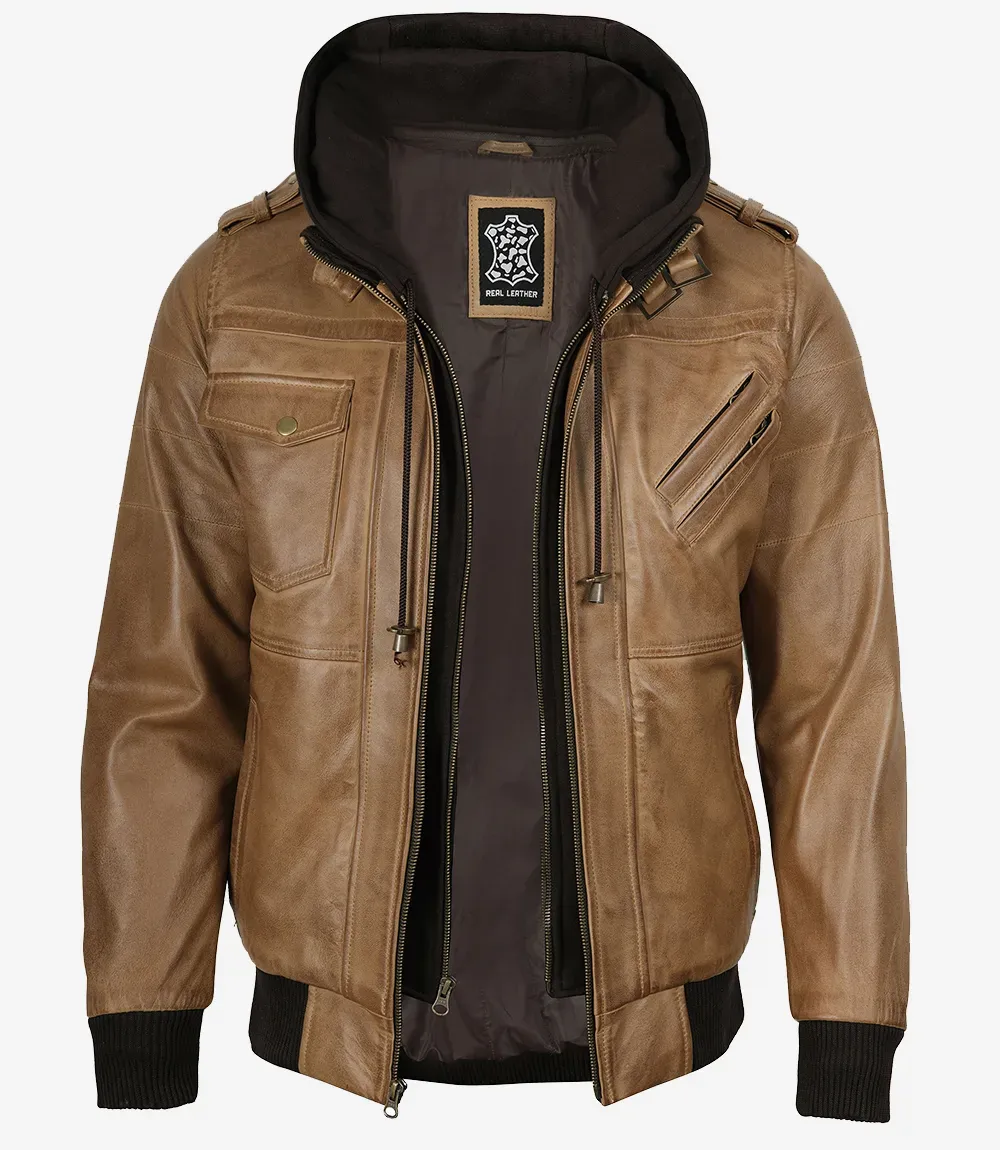 Men's Camel Brown Bomber Leather Jacket (Removable Hood)