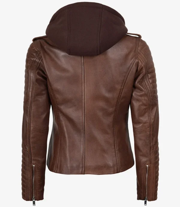 Women's Cognac Biker Style Leather Jacket with Removable Hood