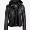Women's Black Leather Jacket with Removable Hood