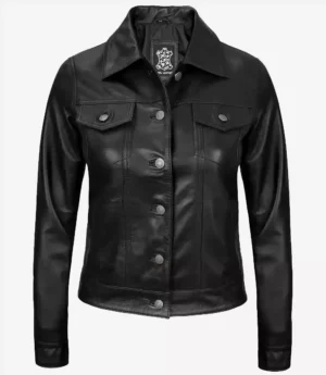 Women's Black Lambskin Leather Four-Pocket Trucker Jacket