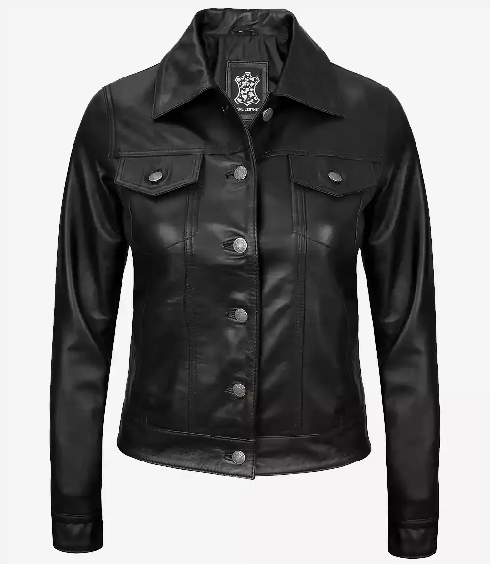 Women's Black Lambskin Leather Four-Pocket Trucker Jacket Women's Black Lambskin Leather Four-Pocket Trucker Jacket