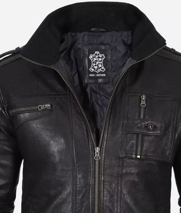 Men's Black Washed Leather Biker Style Jacket