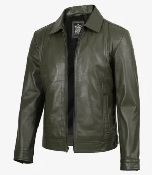 Men's Classic Shirt Collar Olive Green Leather Jacket