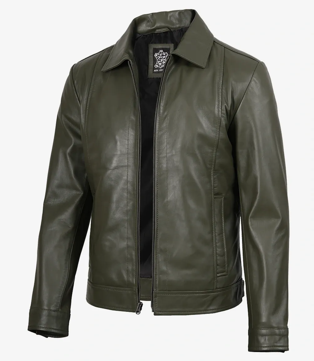 Men's Classic Shirt Collar Olive Green Leather Jacket Men's Classic Shirt Collar Olive Green Leather Jacket
