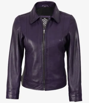 Womens Shirt Collar Purple Leather Jacket