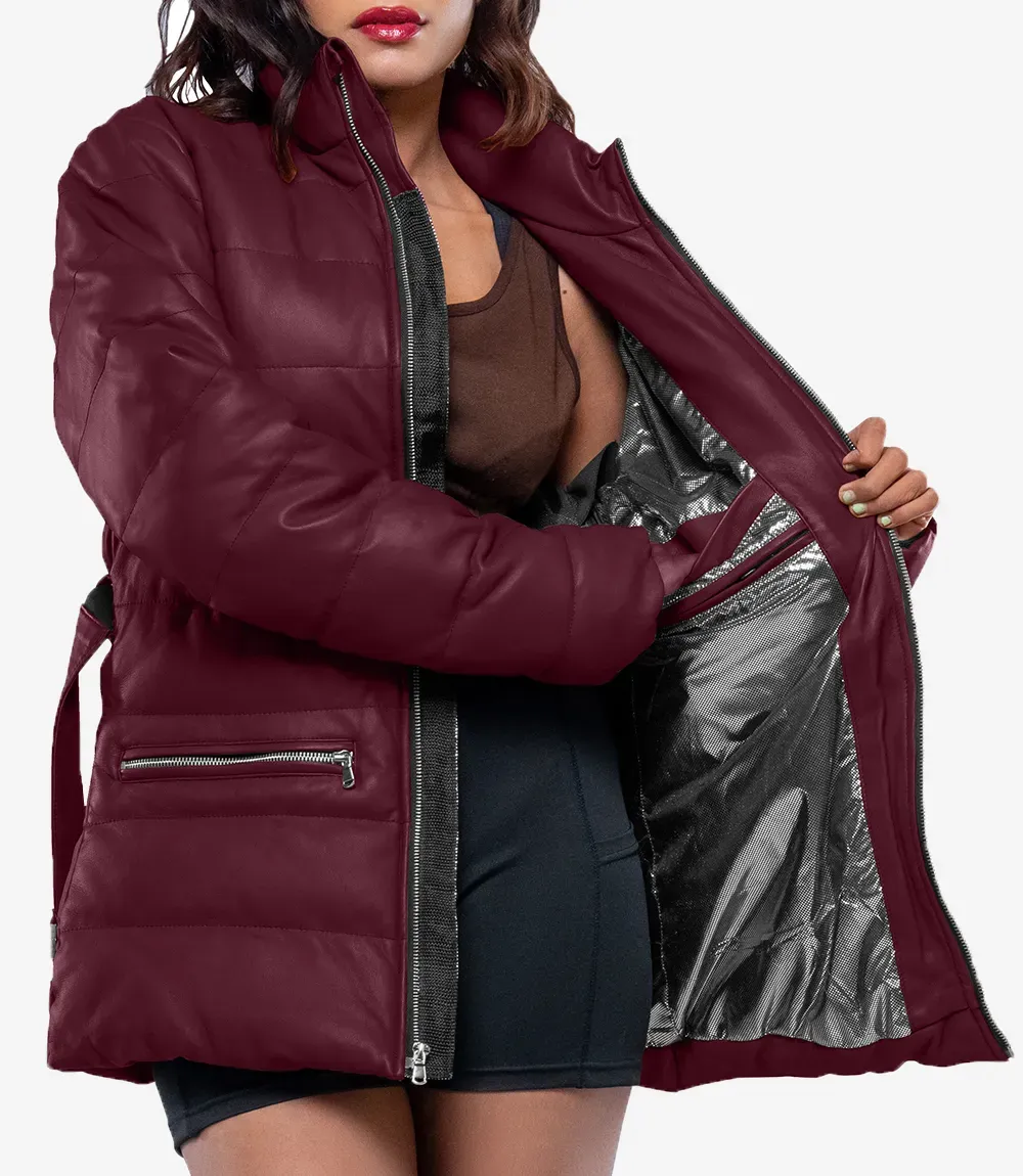 Robin Womens Vegan Leather Duck Down Maroon Puffer Jacket Robin Womens Vegan Leather Duck Down Maroon Puffer Jacket