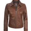 Womens Shirt Collar Cognac Harrington Leather Jacket