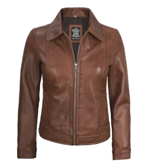 Womens Shirt Collar Cognac Harrington Leather Jacket