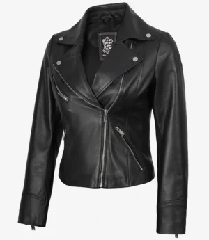 Rita Womens Asymmetrical Black Leather Biker Style Jacket