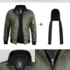 Men's Olive Green Bomber Leather Jacket With Removable Hood