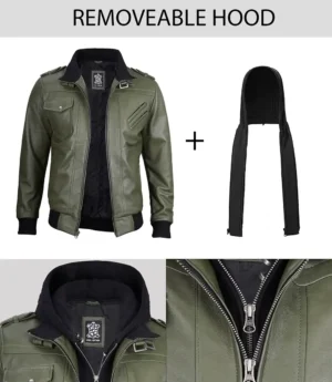 Men's Olive Green Bomber Leather Jacket With Removable Hood