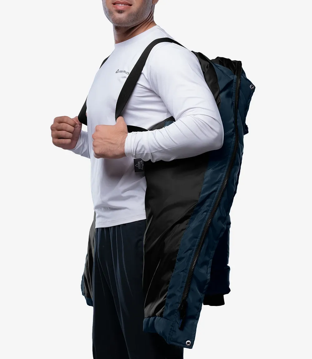 Lonnie Navy Blue & Grey Mens Long Winter Puffer Jacket - Hooded Down Coat Lonnie Navy Blue & Grey Mens Long Winter Puffer Jacket - Hooded Down Coat