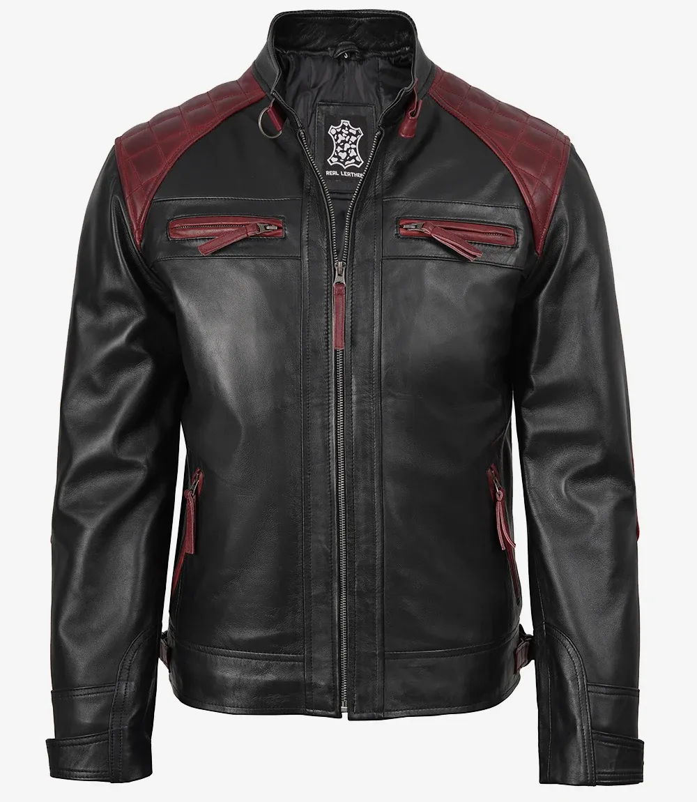 Men's Black and Maroon Biker Style Leather Jacket - Quilted Shoulder