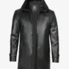 Men's Black Leather 3/4 Length Coat with Fur Collar