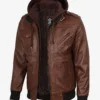 Mens Cognac Leather Bomber Jacket With Removable Hood