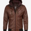 Mens Cognac Leather Bomber Jacket With Removable Hood