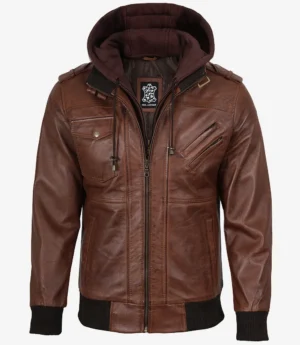 Mens Cognac Leather Bomber Jacket With Removable Hood