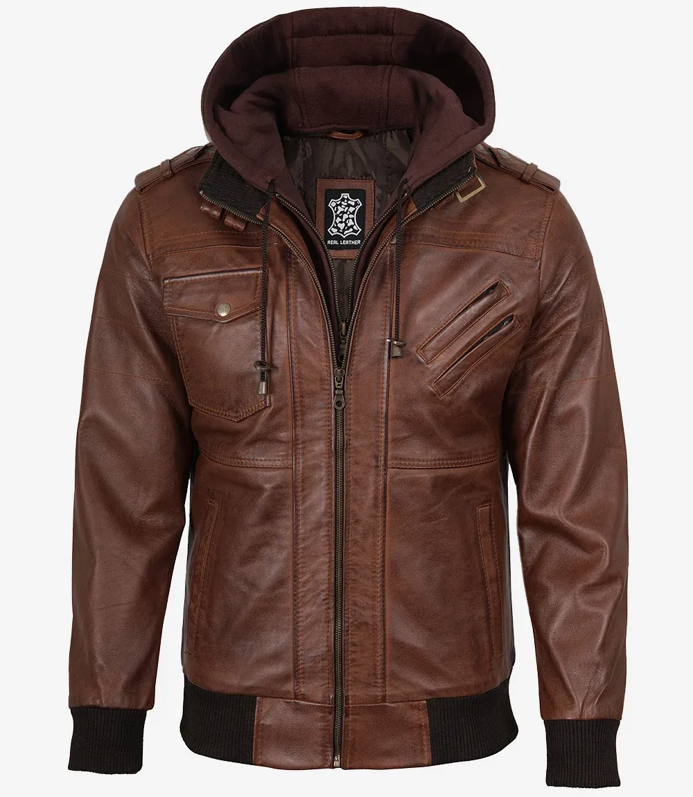 Mens Cognac Leather Bomber Jacket With Removable Hood Mens Cognac Leather Bomber Jacket With Removable Hood