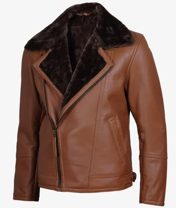 Men's Cognac Leather Shearling Moto Jacket