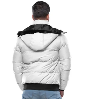 Men’s White Puffer Jacket – Faux Fur Hood