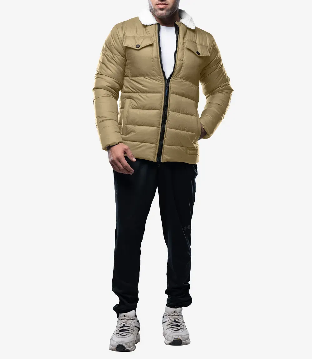Bryce Men’s Beige Trucker-Style Puffer Jacket – Fur Collar Bryce Men’s Beige Trucker-Style Puffer Jacket – Fur Collar