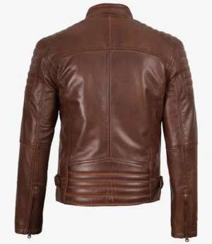 Mens Cognac Waxed Biker Style Leather Jacket