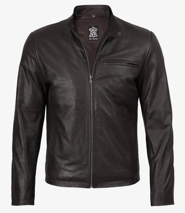 Men's Dark Brown Shearling Leather Moto Jacket - Asymmetrical Shearling Lining