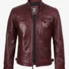 Mens Real Leather Burgundy Biker Style Jacket - Quilted Shoulder