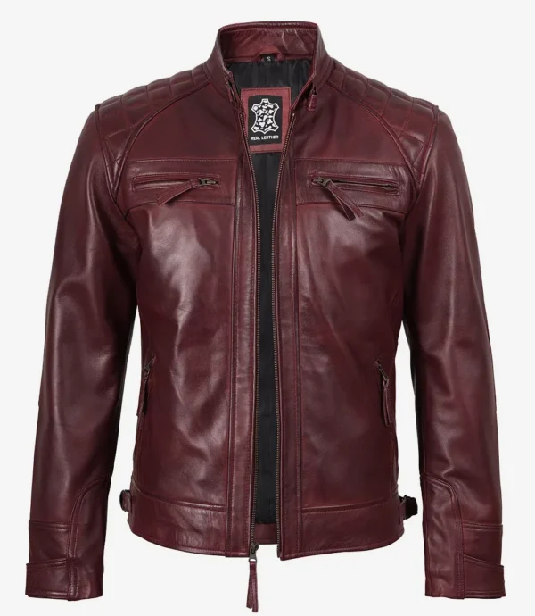 Mens Real Leather Burgundy Biker Style Jacket - Quilted Shoulder