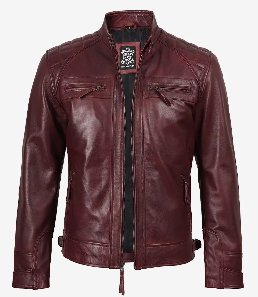 Mens Real Leather Burgundy Biker Style Jacket - Quilted Shoulder Mens Real Leather Burgundy Biker Style Jacket - Quilted Shoulder