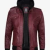 Men's Maroon Bomber Leather Jacket With Removable Hood