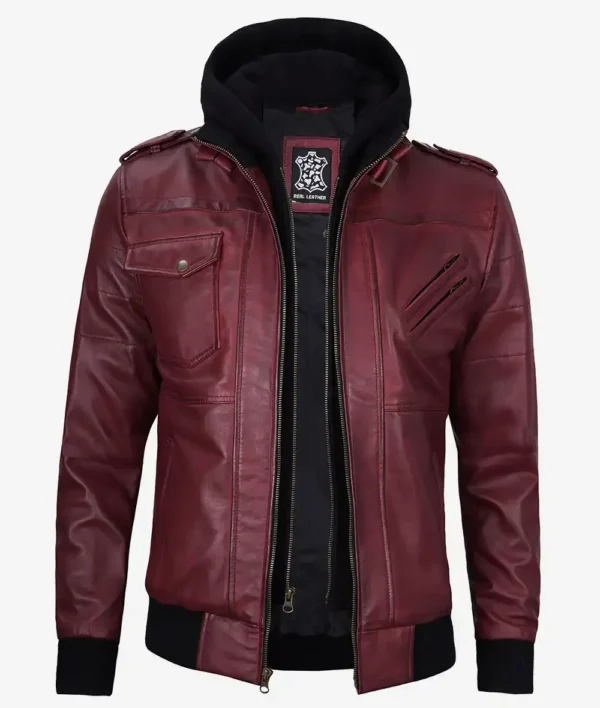 Men's Maroon Bomber Leather Jacket With Removable Hood