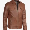 Men's Classic Shirt Collar Cognac Trucker Leather Jacket