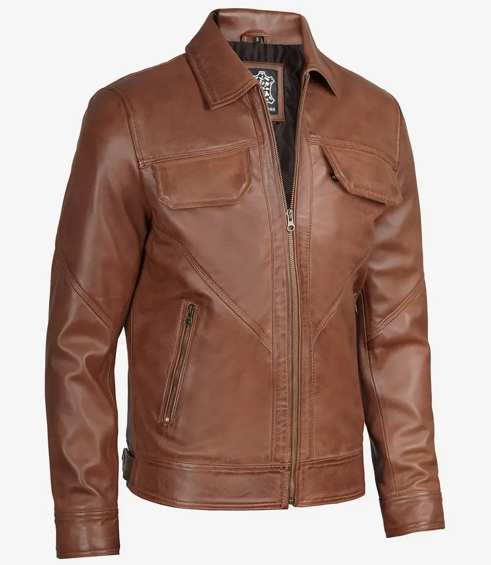Men's Classic Shirt Collar Cognac Trucker Leather Jacket Men's Classic Shirt Collar Cognac Trucker Leather Jacket