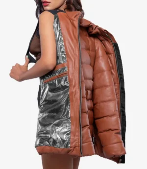 Robin Womens Vegan Leather Duck Down Cognac Puffer Jacket