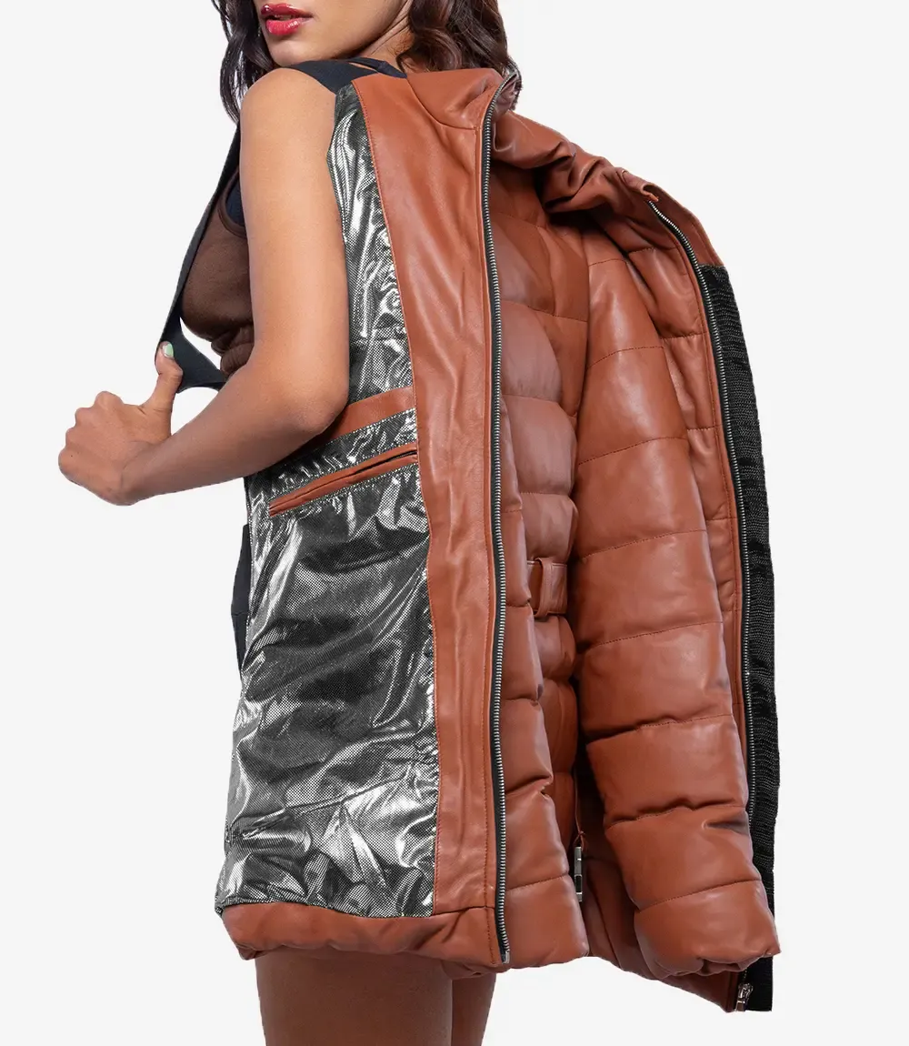 Robin Womens Vegan Leather Duck Down Cognac Puffer Jacket Robin Womens Vegan Leather Duck Down Cognac Puffer Jacket