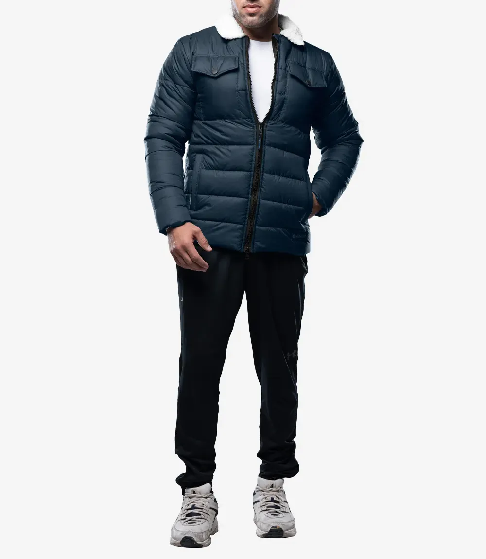 Bryce Men’s Blue Trucker-Style Puffer Jacket – Fur Collar Bryce Men’s Blue Trucker-Style Puffer Jacket – Fur Collar