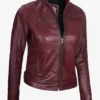 Womens Real Leather Burgundy Biker Style Jacket