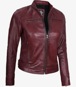 Womens Real Leather Burgundy Biker Style Jacket