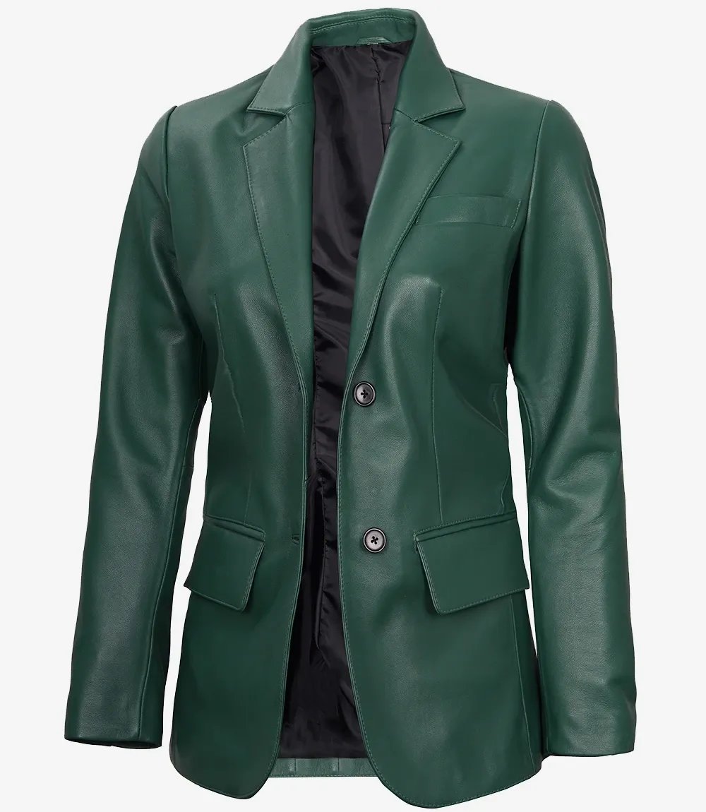 Womens Two Button Green Leather Blazer Womens Two Button Green Leather Blazer