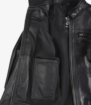 Womens Black Leather Biker Style Jacket - Quilted Shoulder