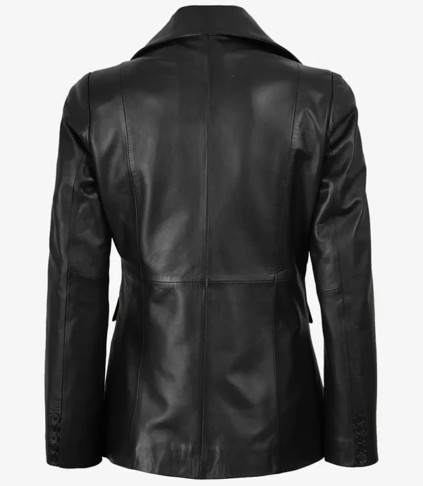 Womens Single Button Black Leather Blazer - Peak Lapel