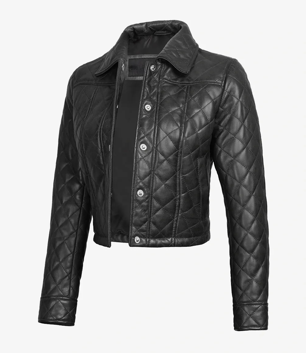 Women's Quilted Cropped Black Leather Jacket Women's Quilted Cropped Black Leather Jacket